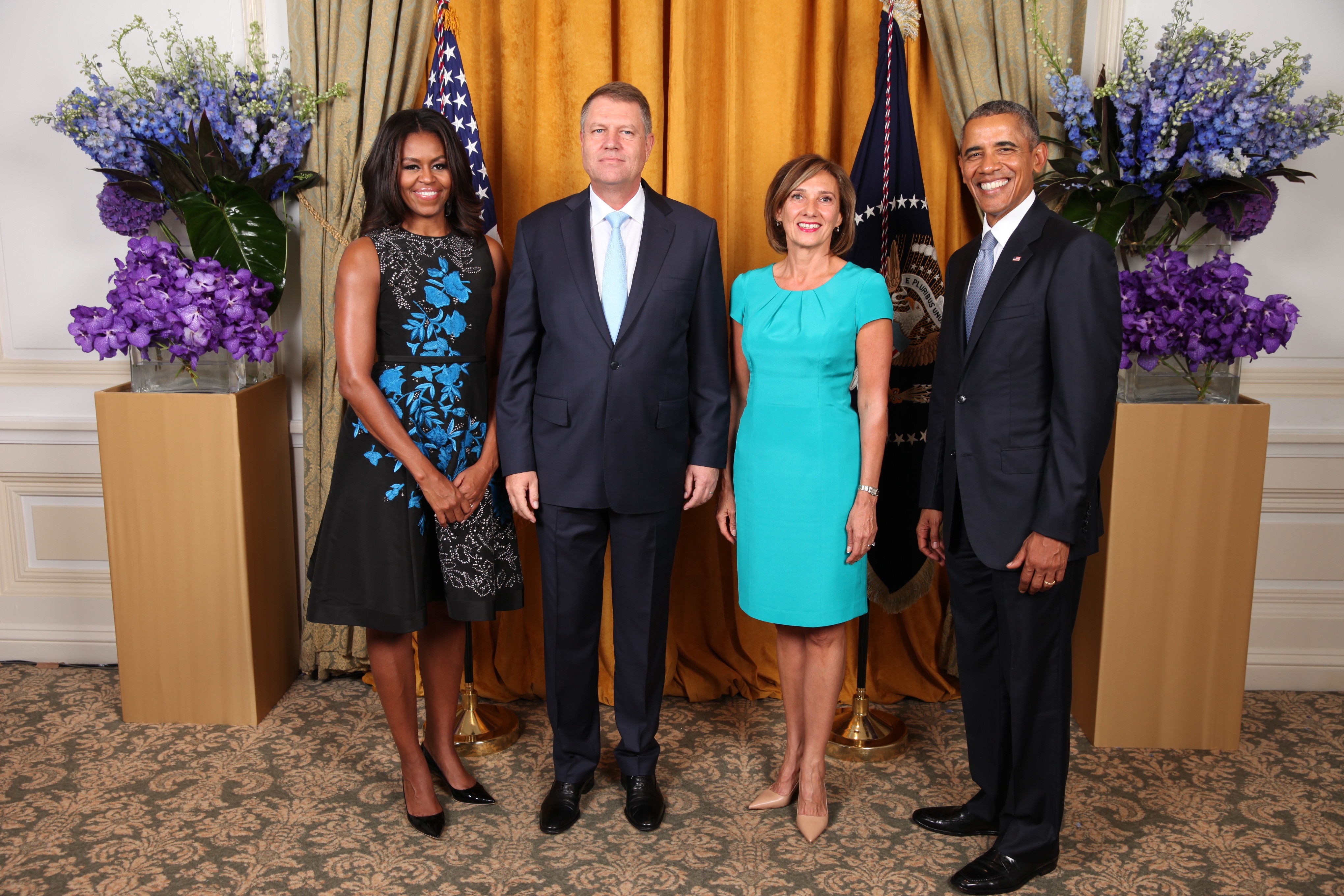 President Barack Obama and First Lady Michelle Obama greet His Excellency Klaus Werner Iohannis, The President of Romania, And Mrs. Iohannis during the United Nations General Assembly reception at the New York Palace Hotel in New York, N.Y., Sept. 28, 2015. (Official White House Photo by Lawrence Jackson)