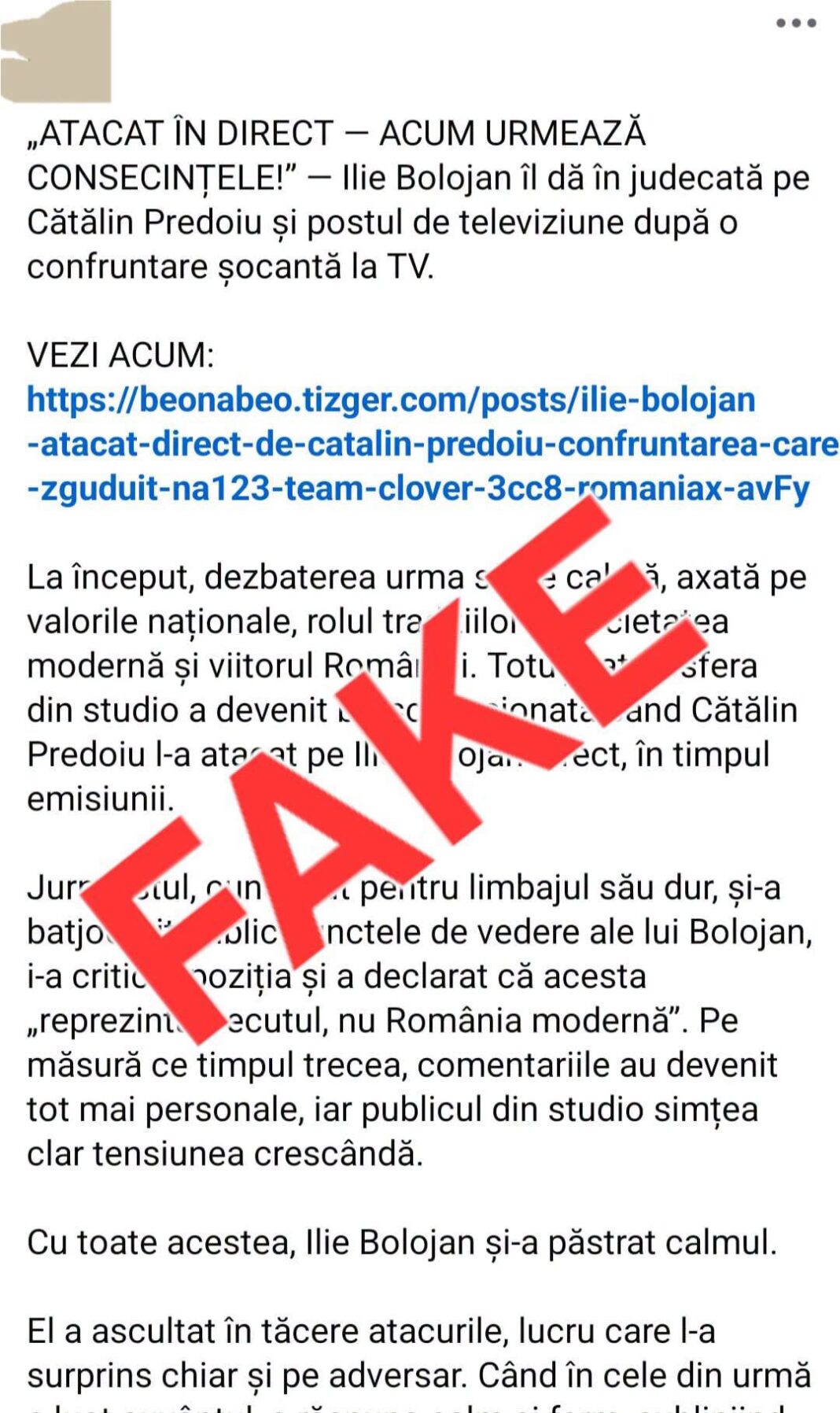 MAI atrage atenția că pe Facebook au apărut conturi care distribuie informații false despre premierul Bolojan, conform cărora ar fi grav bolnav sau l-ar fi dat în judecată pe ministrul de Interne. Textele includ un link folosit pentru furtul de date.