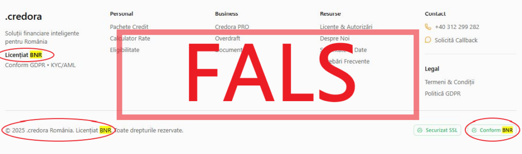 BNR avertizează asupra unei tentative de fraudă. Atrage atenția asupra faptului că entitatea Credora nu este licențiată BNR și pretinde în mod fals că poate oferi produse de creditare.