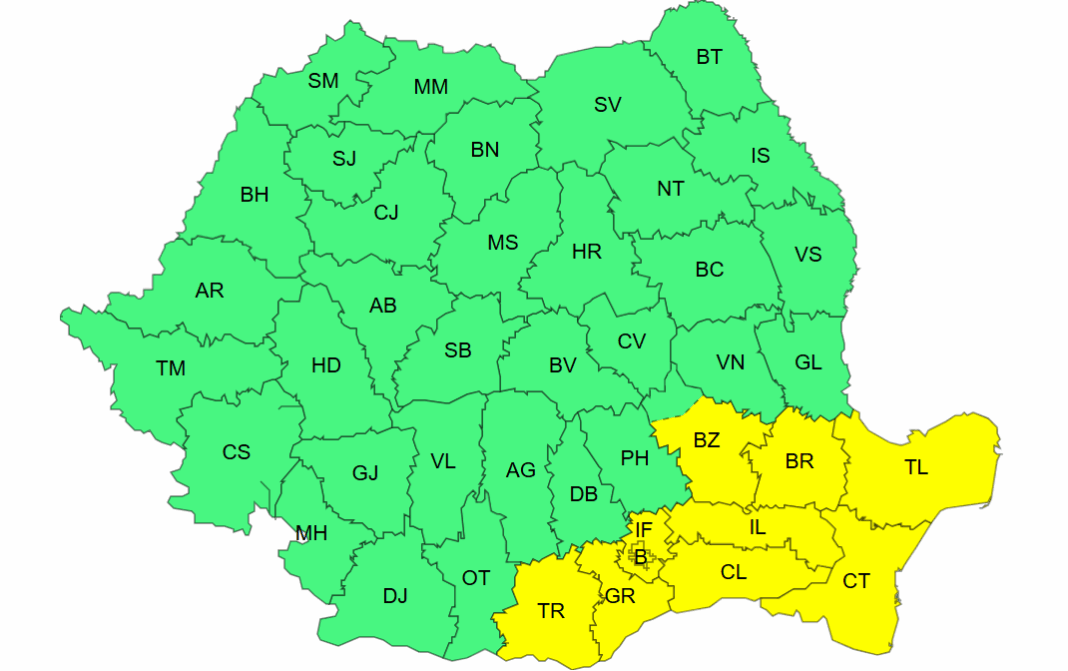 Cod Galben de vânt în nouă județe din sud-estul țării și în București, până diseară la ora 20. Pe alocuri, vântul va bate cu viteze de până la 65 de kilometri pe oră.