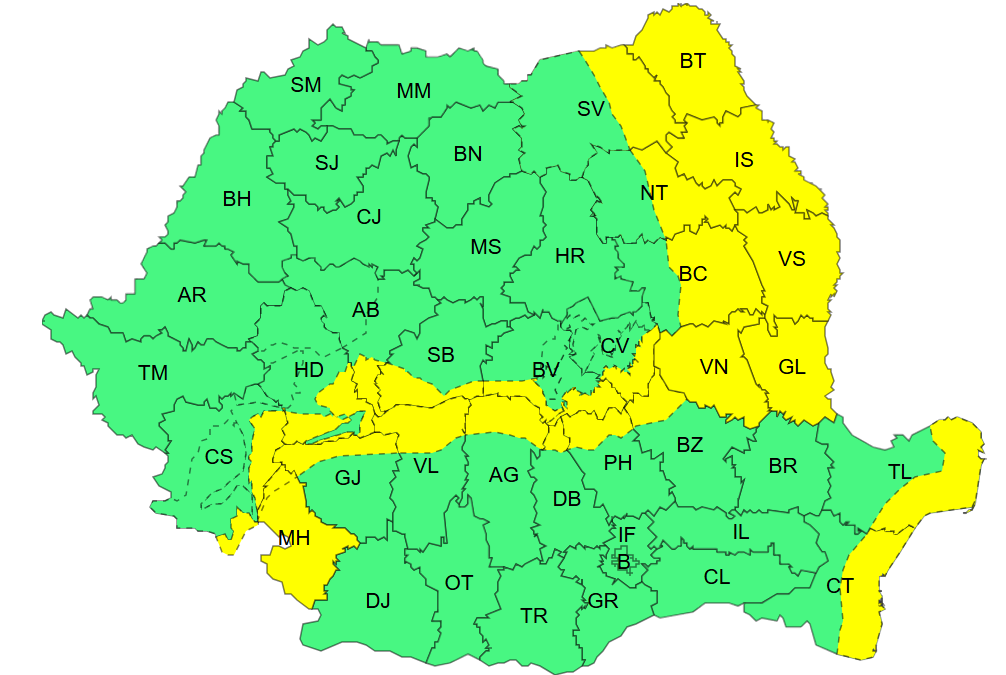 Cod Galben de vânt și zăpadă viscolită la munte, începând cu ora 14, în județele din Moldova, pe litoral și în Carpații Meridionali. De duminică, avertizarea de vânt se va extinde în cea mai mare parte a țării, iar în zona înaltă a Carpaților Meridionali va ninge viscolit.