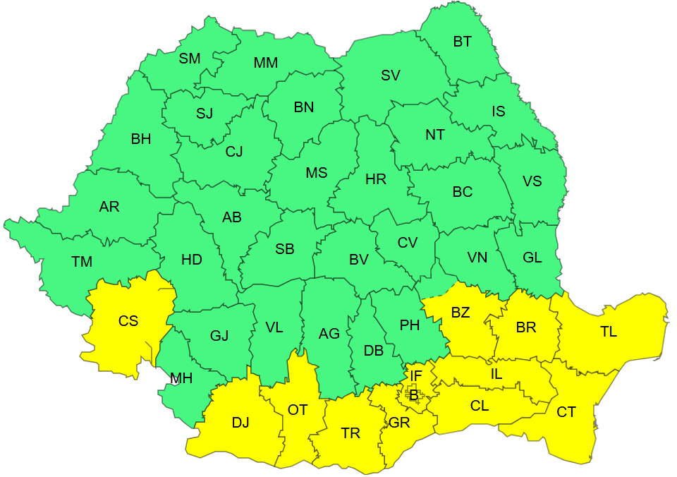 Meteorologii au actualizat prognoza. De la ora 14 și până mâine dimineață, este Cod Galben de ninsori viscolite în sudul și sud-estul țării. Local, se va depune strat de zăpadă. Codul Galben de ger se va extinde în sud-vestul țării, de mâine.