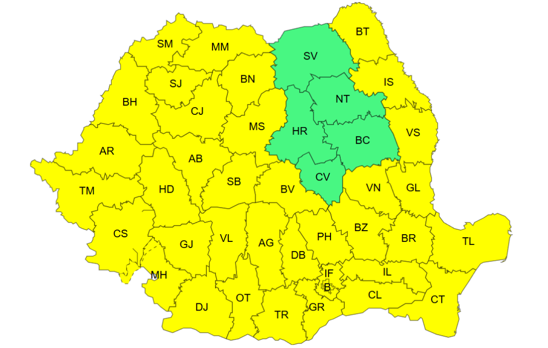 Meteorologii au emis primul Cod Portocaliu de caniculă în 11 județe din nordul și vestul țării, valabil mâine între orele 12 și 21. Aproape toată țara este sub atenționare Cod Galben de căldură, azi și mâine.