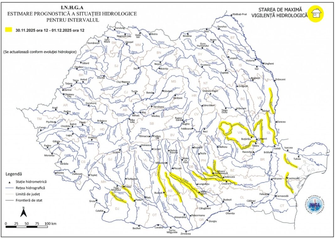 Cod Galben de inundații pe mai multe râuri din sudul, sud-estul și centrul țării, până luni după-amiază. Sunt așteptate viituri și creșteri ale nivelului apei.