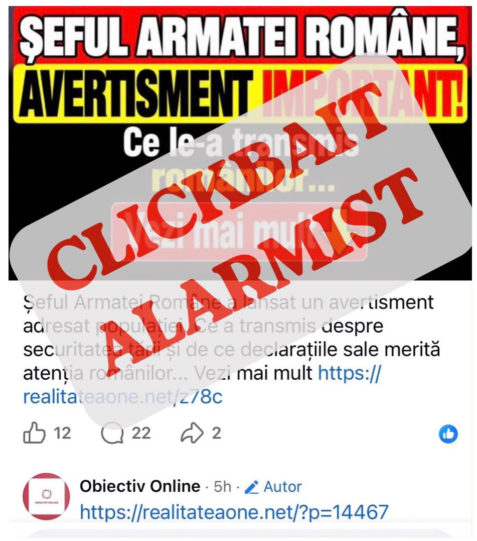 MApN avertizează asupra unor postări alarmiste de pe Facebook, care atribuie șefului Statului Major al Apărării declarații mai vechi, scoase din context – folosesc titluri senzaționaliste și fotografii ale generalului Gheorghiță Vlad pentru a crea falsa impresie că ar exista o stare de alarmă.