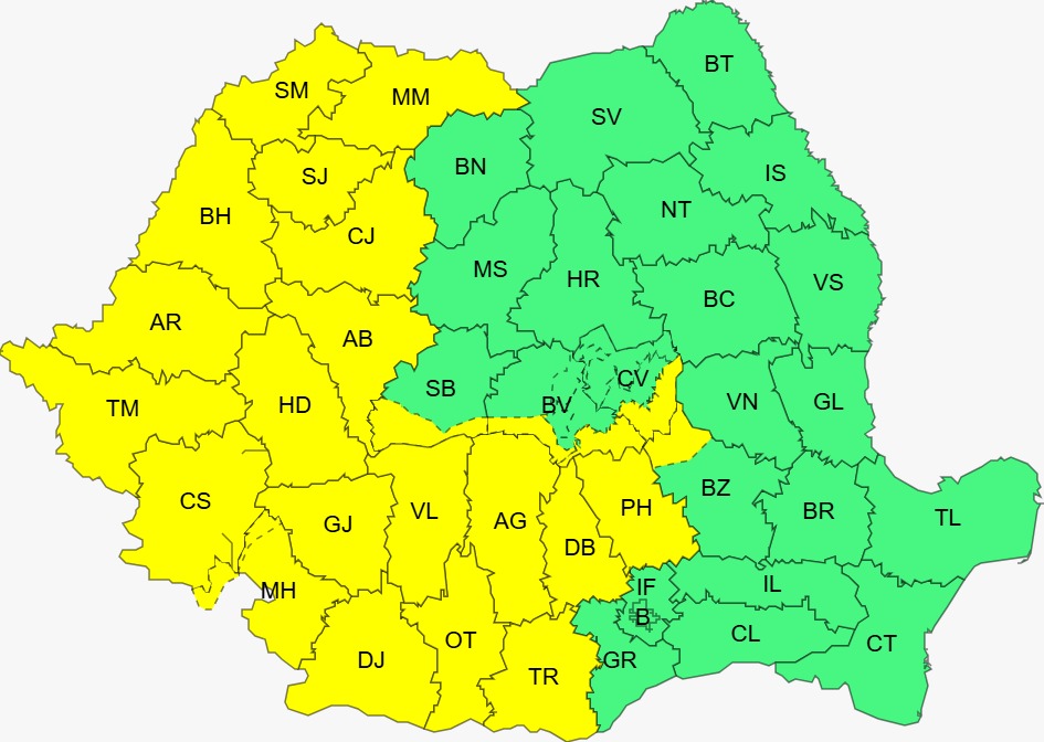 Vremea se va răci accentuat în aproape toată țara, până joi dimineața. Vor fi ploi și intensificări ale vântului. Cod Galben de averse torenţiale, vijelii şi grindină, în mai mult de jumătate din țară.