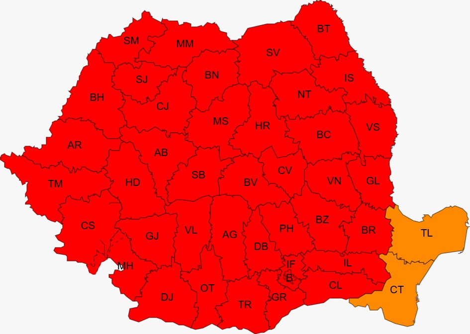 Cod Roșu de caniculă în toată țara, cu excepția județelor Tulcea și Constanța, până miercuri la ora 10. De asemenea, mai multe judeţe ale ţării sunt sub avertizare Cod Galben şi Cod Portocaliu de instabilitate atmosferică.