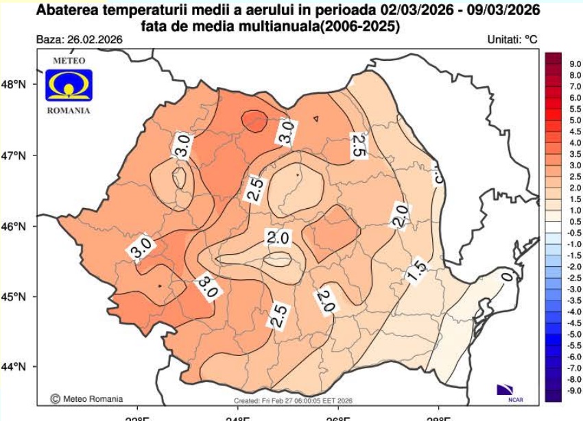 Meteorologii anunţă temperaturi peste media acestei perioade, până la finalul lunii martie. În plus, în următoarele două săptămâni, cantitățile de precipitații vor fi mai mici față de anii trecuți.