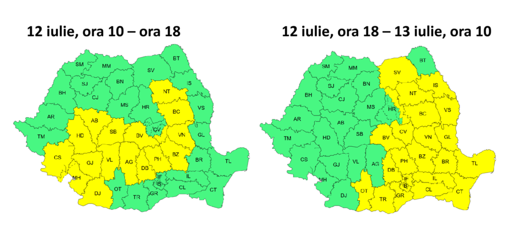 Meteorologii au actualizat Codul Galben de furtuni. Acestea vor debuta duminică la prânz, din vestul țării și se vor muta după amiază spre est, în toată Moldova, Muntenia și Dobrogea. Posibile averse torențiale, descărcări electrice, intensificări ale vântului de până la 50 – 70 km/h și, pe arii restrânse, vijelii și grindină.