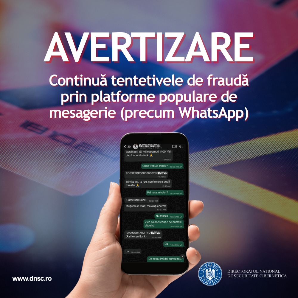 DNSC avertizează asupra tentativelor de fraudă prin WhatsApp și SMS. Infractorii folosesc imaginea unor firme de curierat, într-o perioadă în care mulți utilizatori fac cumpărături online și așteaptă colete.