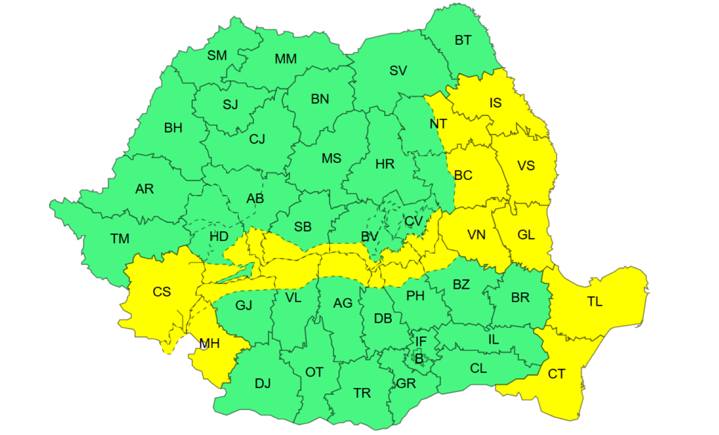 Cod Galben de vânt cu viteze de până la 70 km/h la mare, la munte, în sud-vestul și estul țării, valabil pe tot parcursul zilei de sâmbătă. București și toate județele învecinate sunt sub Cod Galben de furtună până la ora 20.