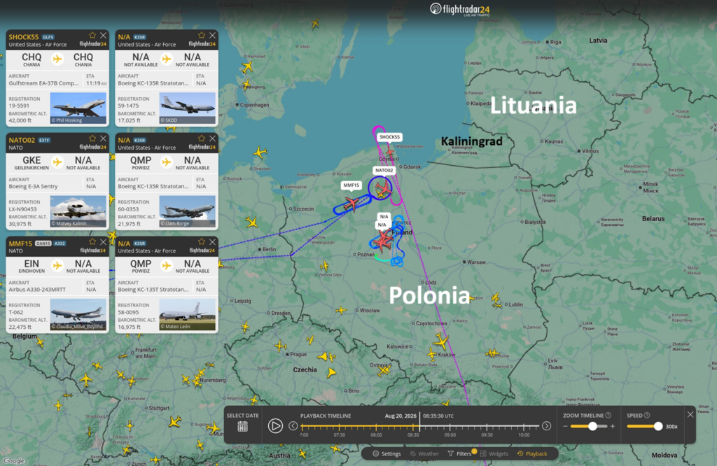 NATO desfășoară de trei zile un exercițiu ostentativ de descurajare în jurul exclavei ruse Kaliningrad. Pe aplicațiile de monitorizare a traficului aerian sunt vizibile aeronave radar și de război electronic, precum și cisterne de realimentare aeriană. Operațiunea este condusă și coordonată de SUA și pare a dori să transmită un mesaj Rusiei.