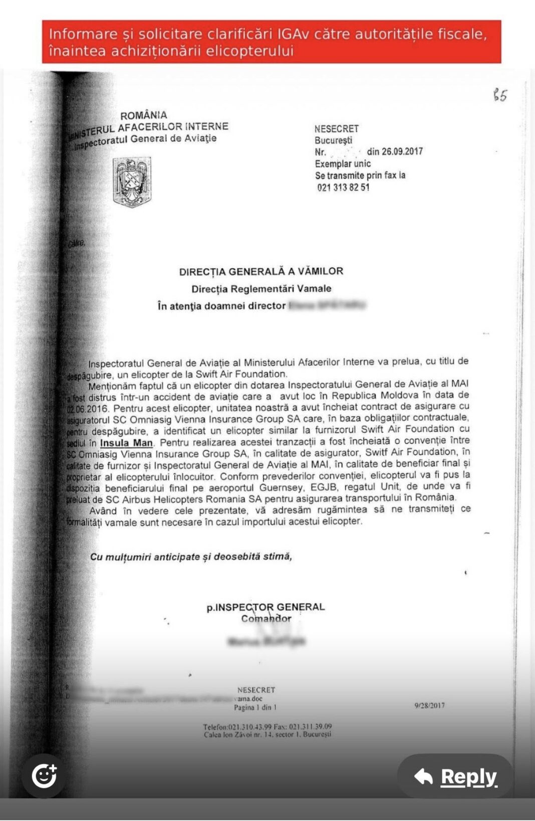 Raed Arafat publică documente prin care arată că IGAv a demarat procedurile pentru preluarea elicopterului SMURD, la îndrumările autorităților vamale. Precizează că, în 2017, nu coordona în totalitate activitatea IGAv și nu putea semna contracte.