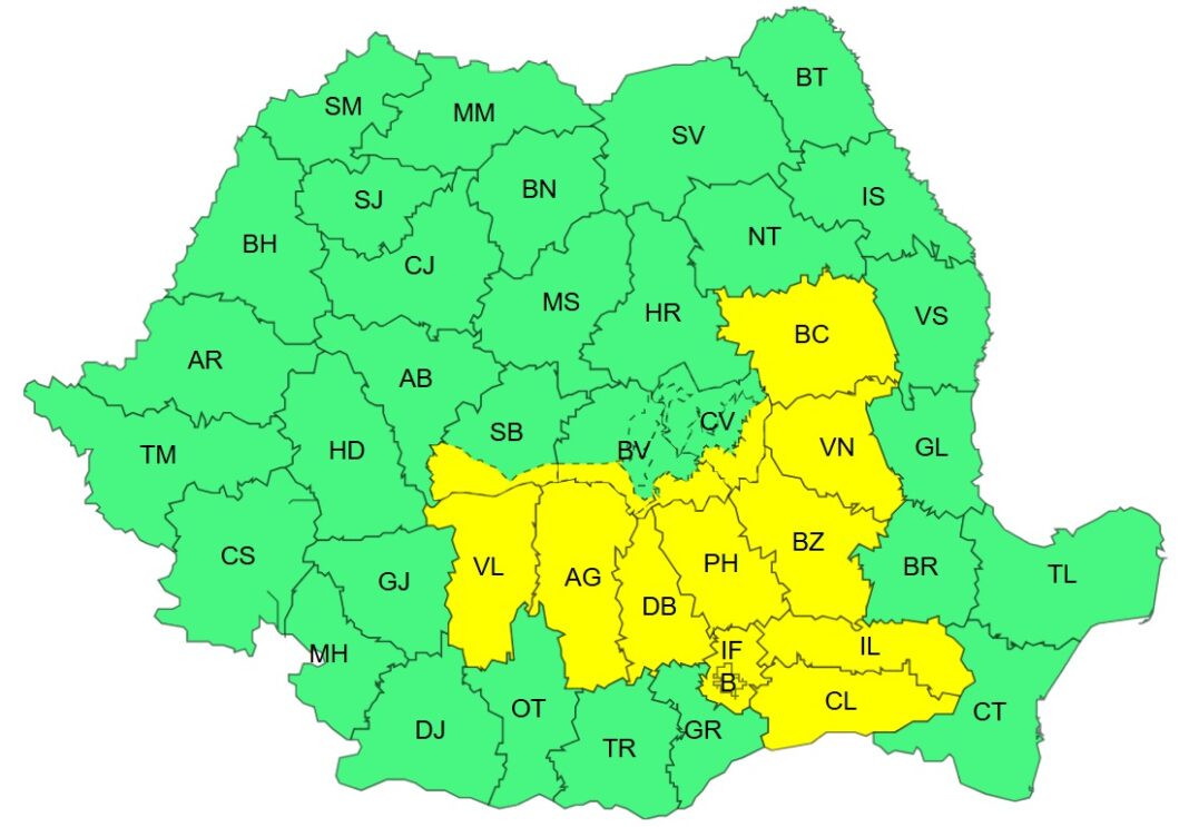 Cod Galben de ploi, în sudul și sud-estul țării, de sâmbătă, de la ora 10, și până duminică după-amiaza. Cantitățile de precipitații vor ajunge, izolat, la 50l/mp.