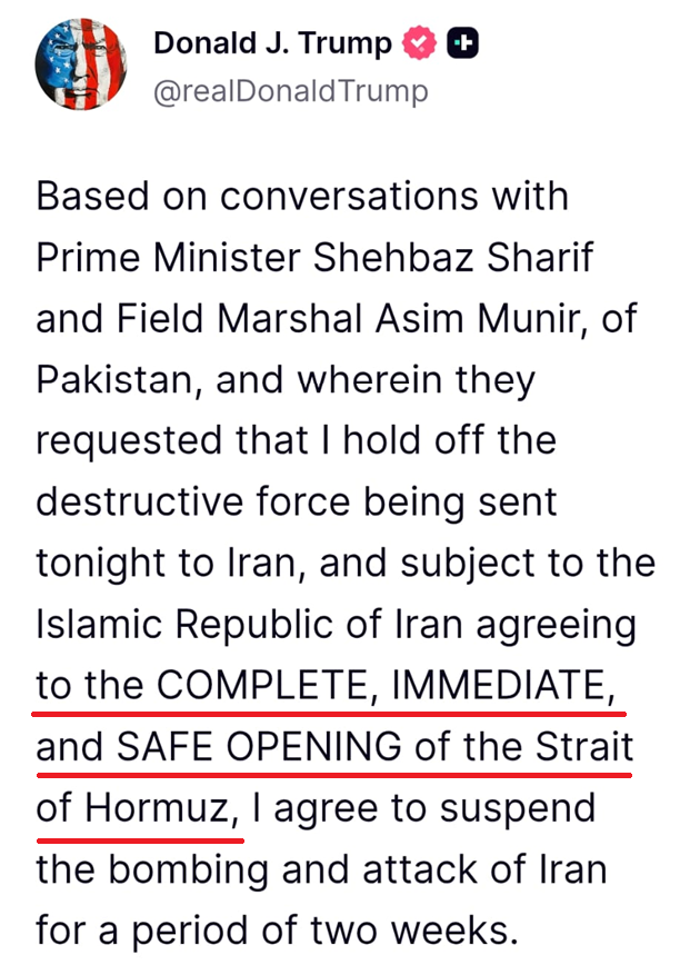 Armistițiu de două săptămâni în Orientul Mijlociu. SUA şi Iranul au convenit asupra “deschiderii condiționate a Strâmtorii Hormuz”, sub coordonarea armatei iraniene. Prețul petrolului scade cu -15%, până la 95 de dolari/baril.