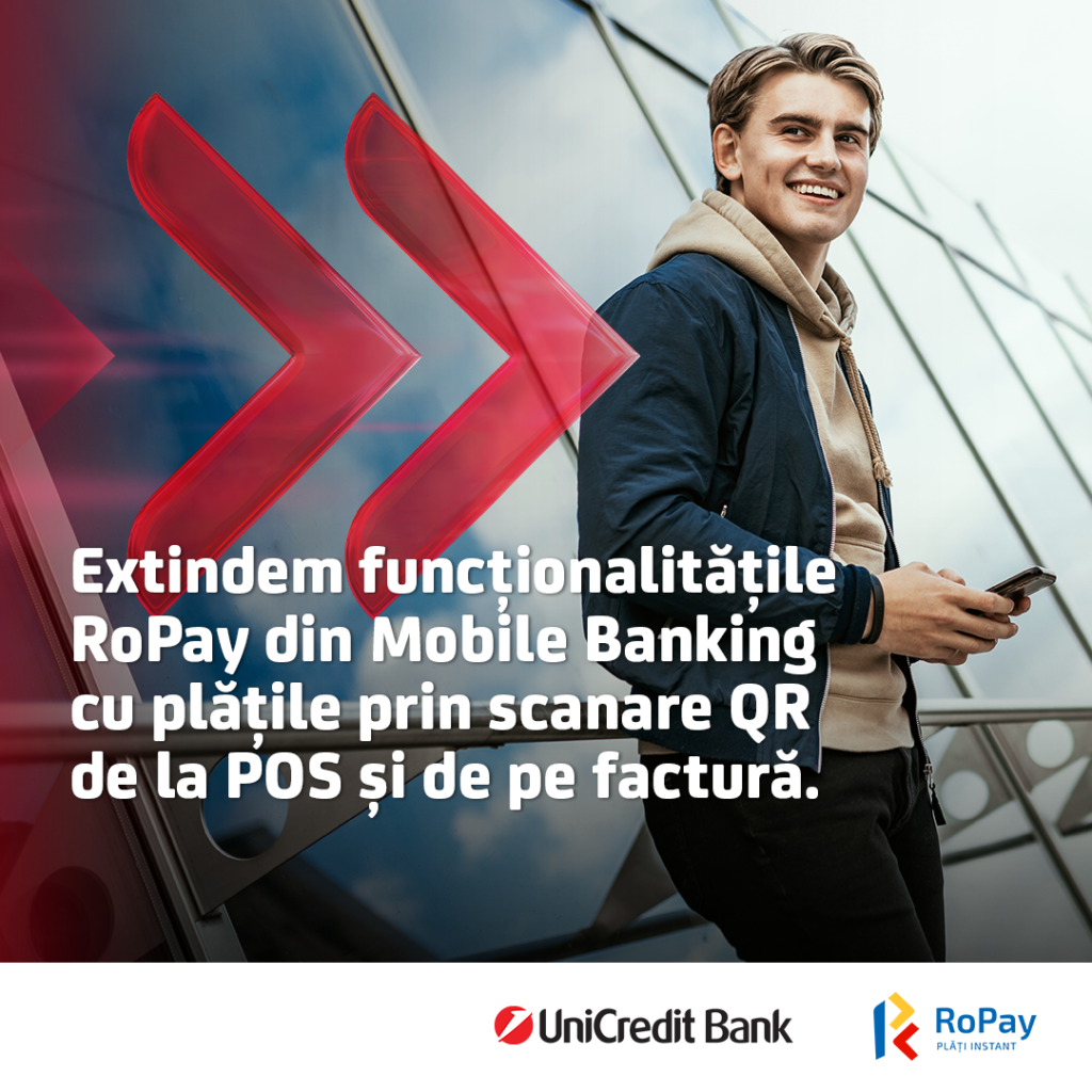 UniCredit Bank extinde funcționalitățile RoPay și lansează plata prin scanare QR de la POS și de pe factură