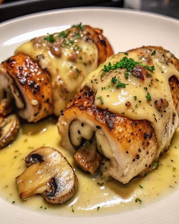 Rulouri de pui umplute cu ciuperci și mozzarella, în sos cremos