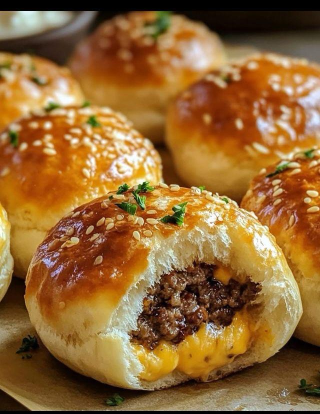 Chifle pufoase umplute cu carne de vită și cheddar – mini burgeri la cuptor
