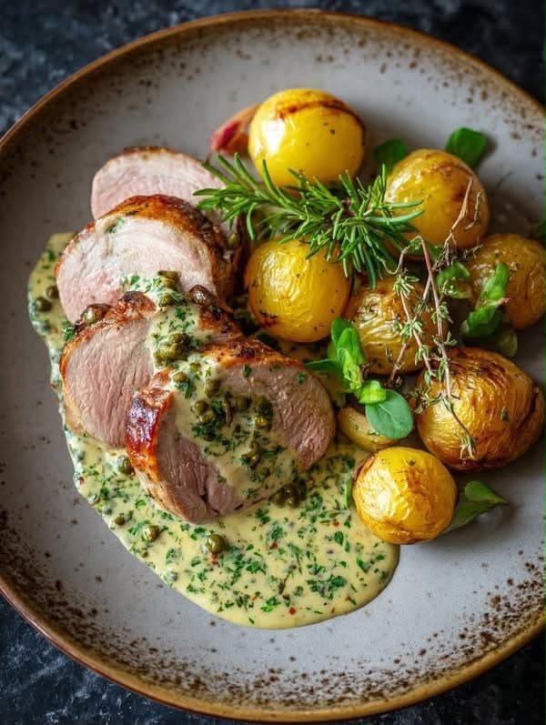 Mușchiuleț de porc cu sos cremos de muștar și capere, servit cu cartofi copți