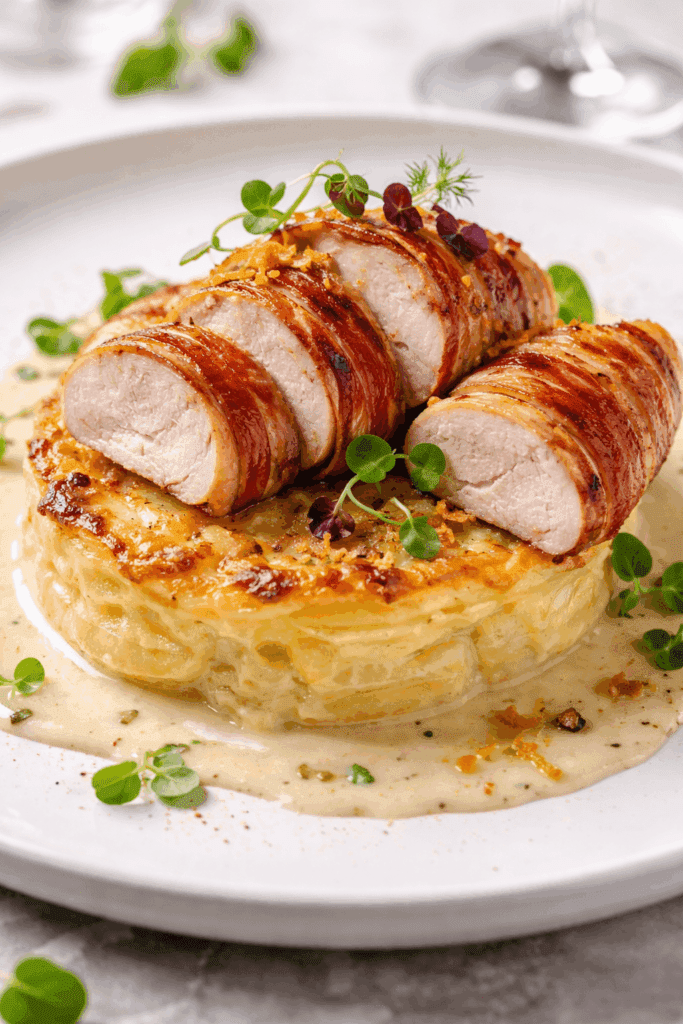 Cartofi gratinați cu piept de pui învelit în bacon