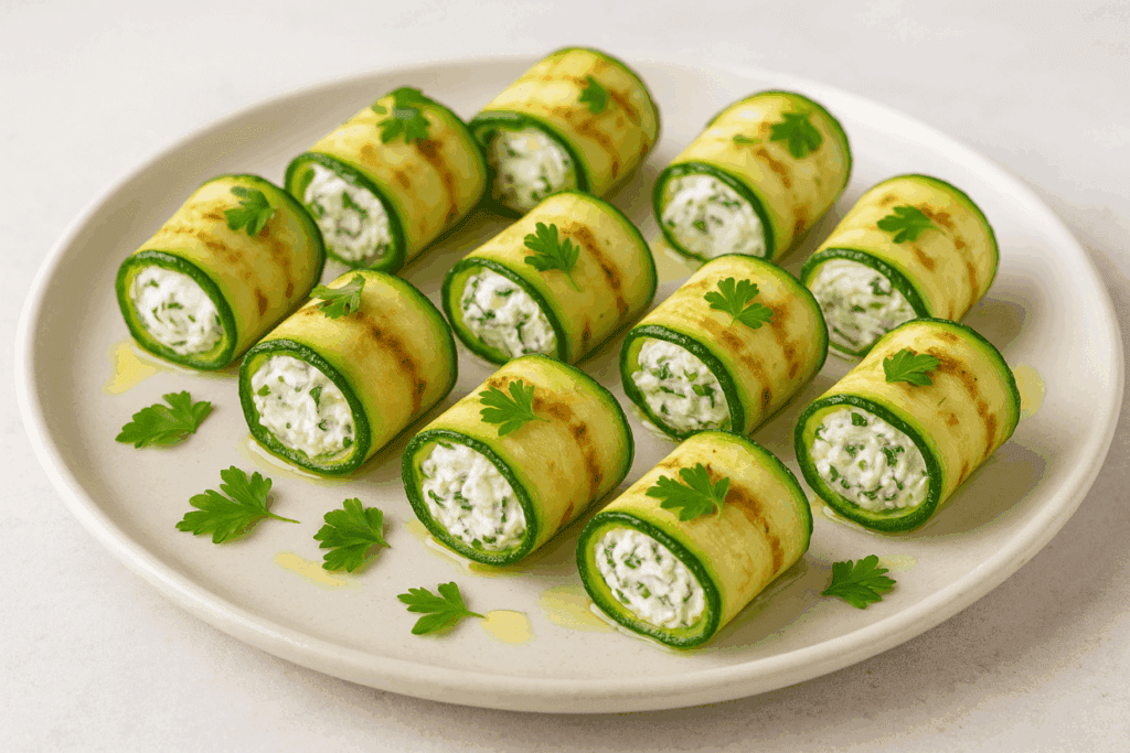 Antreu ușor și elegant – rulouri de dovlecei cu cremă de brânză și verdeață